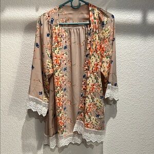 Floral Kimono with Lace Trim